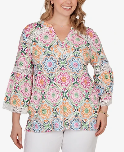Ruby Rd. Plus Medallion Print Lace Detail Knit Top