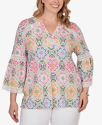 Ruby Rd. Plus Medallion Print Lace Detail Knit Top