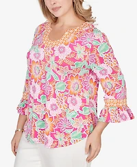 Ruby Rd. Plus Floral Puff Print Ruffle Sleeve Knit Top