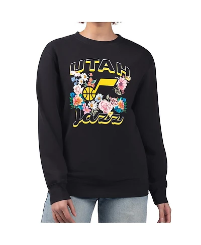 G-iii 4Her By Carl Banks Women's Black Utah Jazz Flowers Team Logo Graphic Fleece Crewneck Pullover Sweatshirt