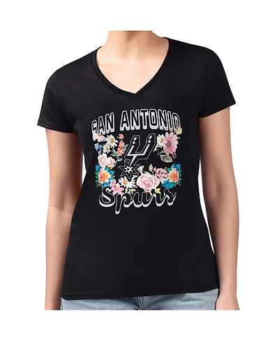 G-iii 4Her By Carl Banks Women's Black San Antonio Spurs Super-Slim Fit Lightweight Flowers Team Logo Graphic V-Neck T-Shirt