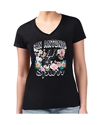 G-iii 4Her By Carl Banks Women's Black San Antonio Spurs Super-Slim Fit Lightweight Flowers Team Logo Graphic V-Neck T-Shirt