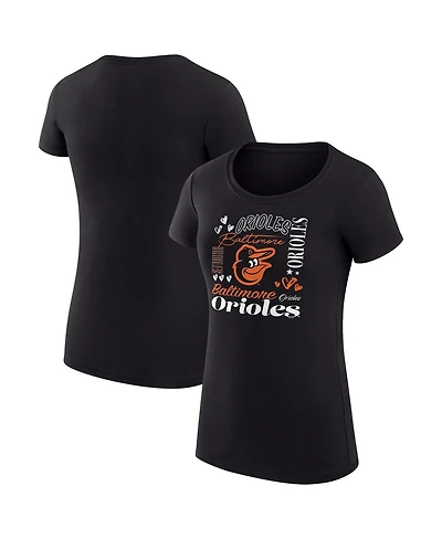 G-iii 4Her by Carl Banks Women's Black Baltimore Orioles Super-Slim Fit Lightweight Collage Team Graphic Crew Neck T-Shirt