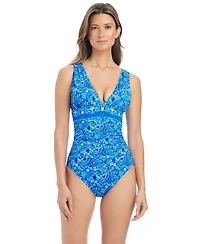Bleu by Rod Beattie Women's Printed Deep V-Neck One-Piece Swimsuit