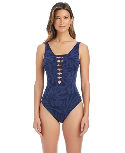 Bleu by Rod Beattie Women's Printed Lace-Front One-Piece Swimsuit
