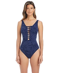 Bleu by Rod Beattie Women's Printed Lace-Front One-Piece Swimsuit