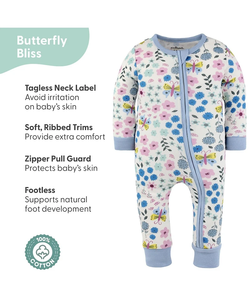 The Peanutshell Baby Girls Blissful Florals Cotton Footless Pajamas for Girls, 2 Pack