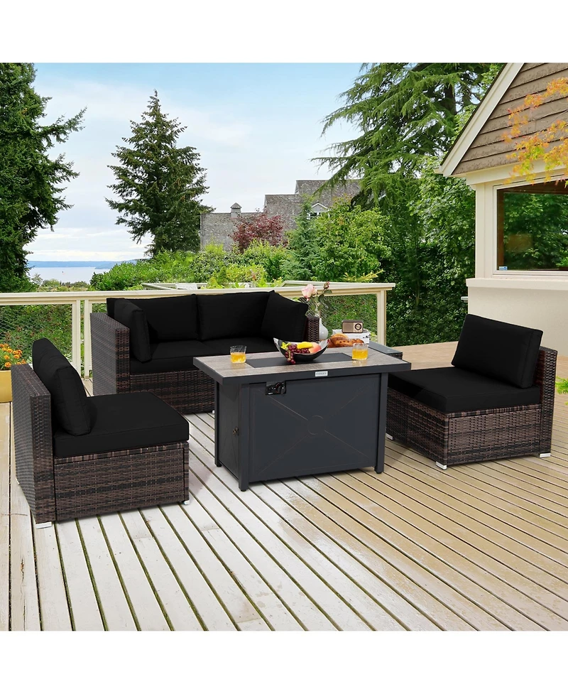 Costway 6PCS Patio Furniture Set Rattan Cushioned Sofa Gas Fire Pit Table