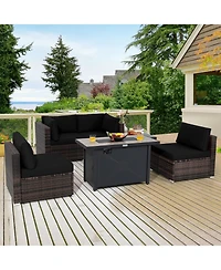 Costway 6PCS Patio Furniture Set Rattan Cushioned Sofa Gas Fire Pit Table