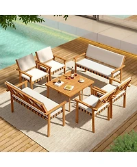 Costway 8 Pcs Wood Furniture Set with Coffee Table Seat Back Cushions for Backyard