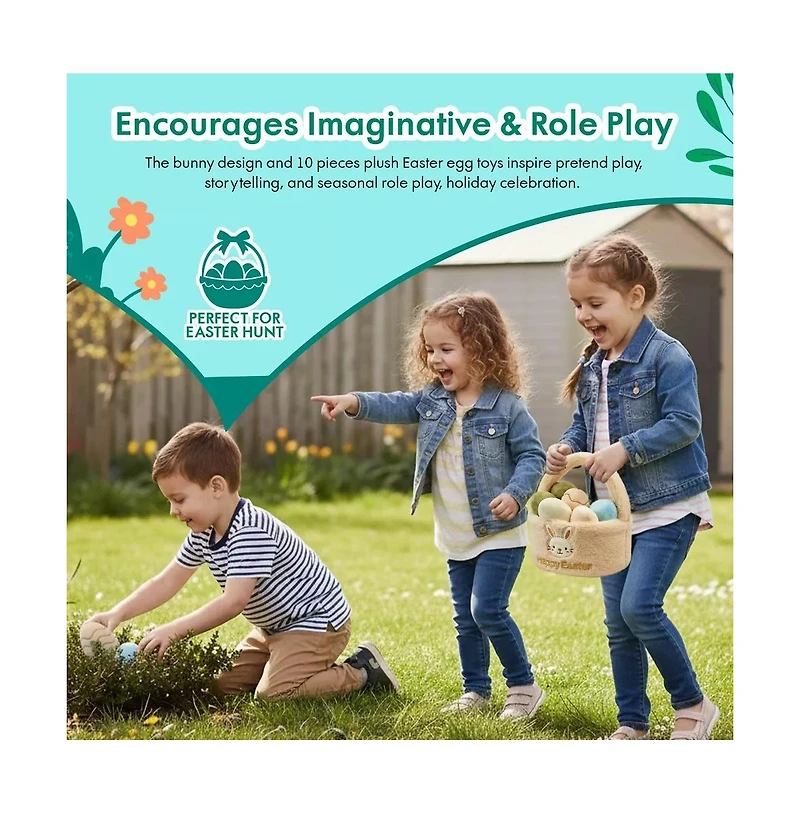 Sperric Easter Egg Plush Basket Toy Set, 9.5" Easter Egg Hunt Basket with Bunny Design, Soft Decorative Easter Plush Toys