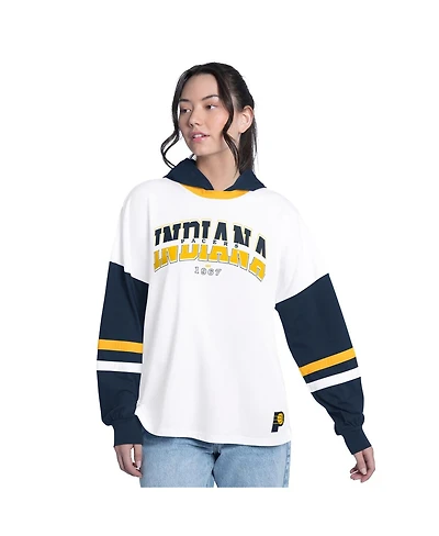 G-iii 4Her by Carl Banks Women's White/Navy Indiana Pacers Key Player Oversized Hooded Long Sleeve T-Shirt