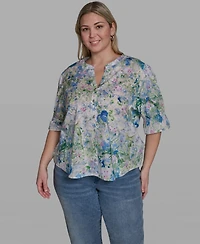 Karl Lagerfeld Paris Plus Allover Watercolor Split Neck Blouse