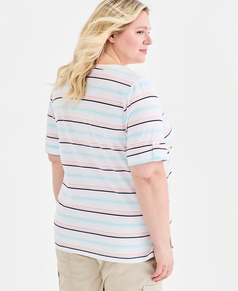 Style & Co Plus Striped Roll-Tab Elbow-Sleeve T-Shirt, Macy's Exclusive
