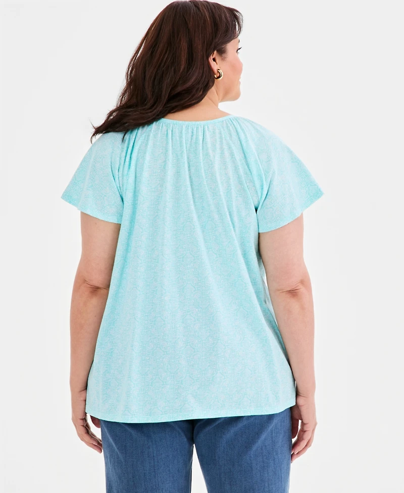 Style & Co Plus Printed Scoop-Neck Flutter-Sleeve Top, Macy's Exclusive