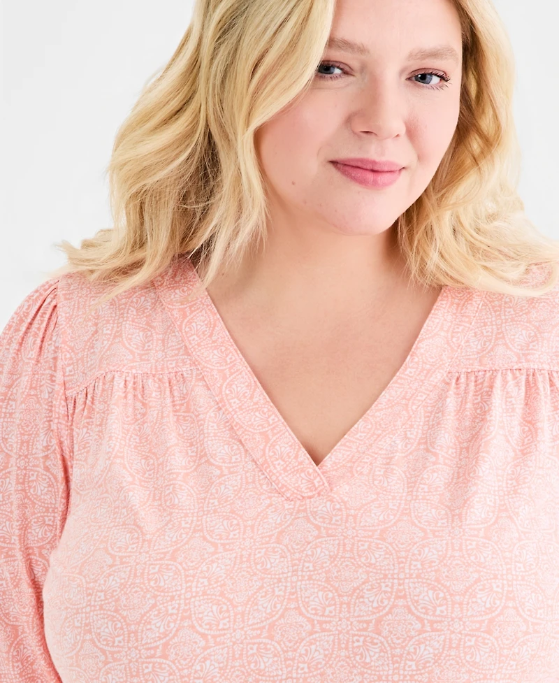Style & Co Plus Smocked-Cuff V-Neck Top, Macy's Exclusive