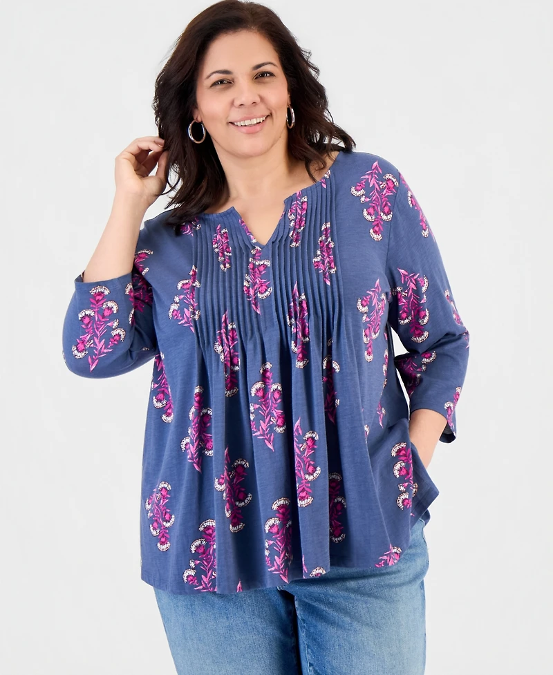 Style & Co Plus Size Printed Pintuck Split-Neck 3/4-Sleeve Top, Macy's Exclusive