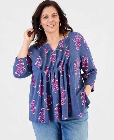 Style & Co Plus Printed Pintuck Split-Neck 3/4-Sleeve Top, Macy's Exclusive