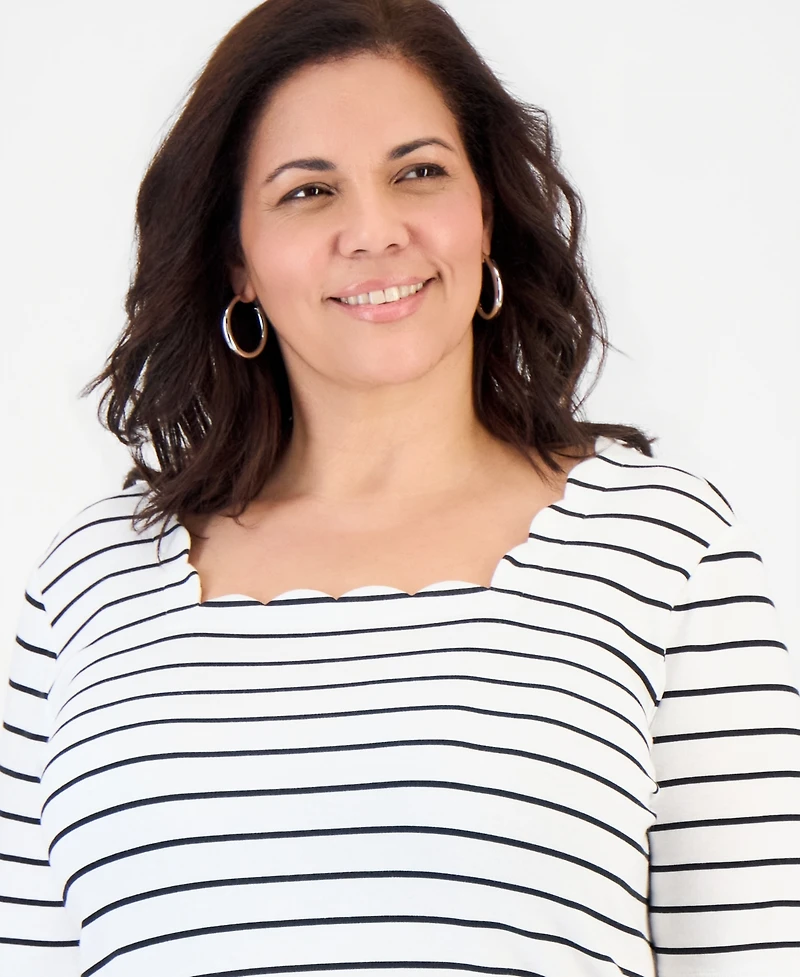 Style & Co Plus Scalloped Square-Neck Striped Top, Macy's Exclusive