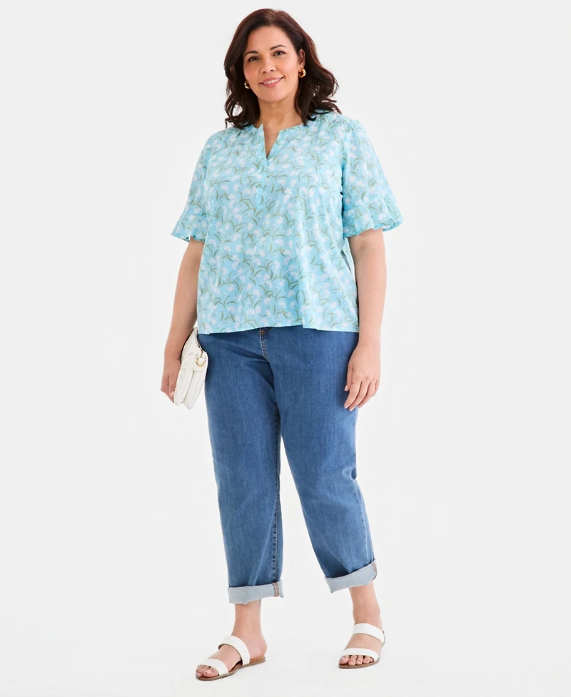 Style & Co Plus Cotton Printed Flutter-Sleeve Top, Macy's Exclusive