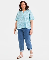 Style & Co Plus Cotton Printed Flutter-Sleeve Top, Macy's Exclusive