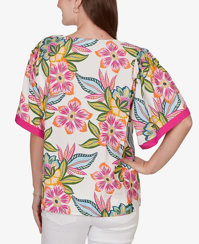 Ruby Rd. Petite Tropical Floral Trim Detail Top