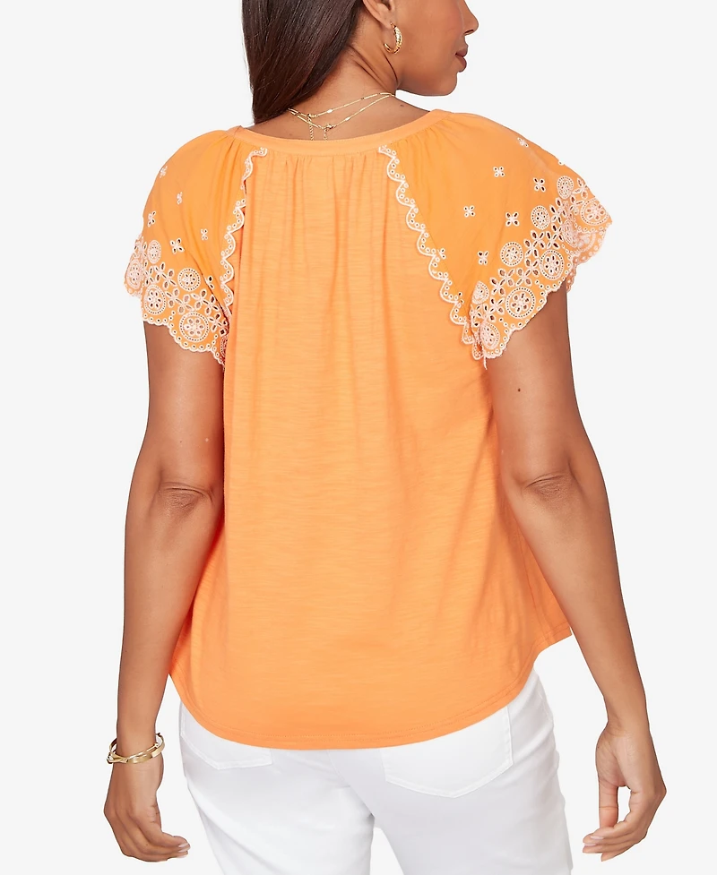 Ruby Rd. Petite Embroidered Sleeve Slub Knit T-shirt