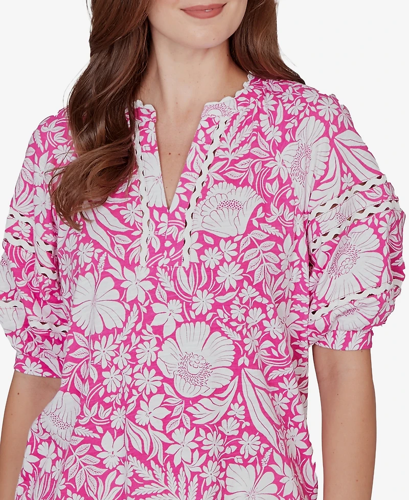 Ruby Rd. Petite Tropical Floral Trim Knit Top