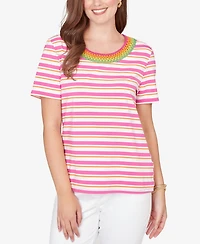Ruby Rd. Petite Crochet Neck Stripe Knit T-shirt