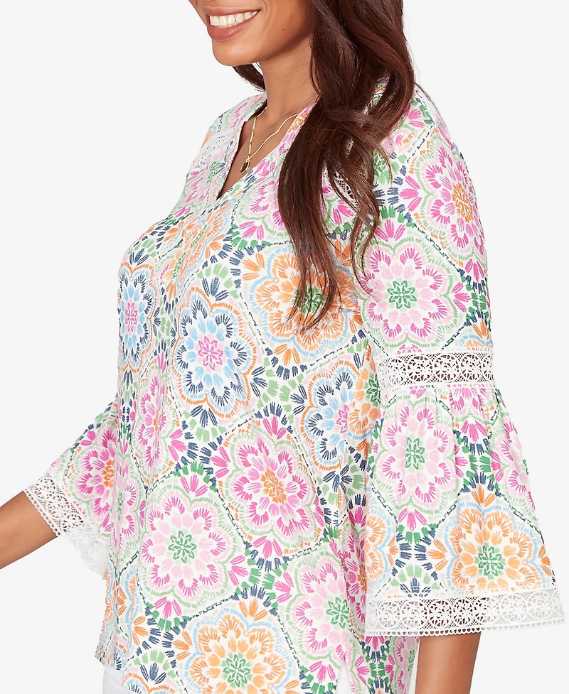 Ruby Rd. Petite Medallion Print Lace Detail Knit Top