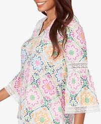 Ruby Rd. Petite Medallion Print Lace Detail Knit Top