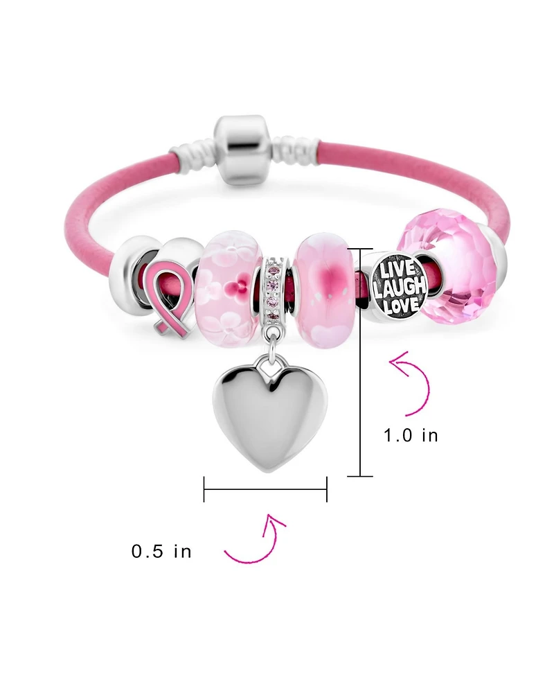 Bling Jewelry Support Breast Cancer Survivor Pink Ribbon Bead Charm Leather Bracelet .925 Silver