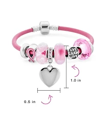 Bling Jewelry Support Breast Cancer Survivor Pink Ribbon Bead Charm Leather Bracelet .925 Silver