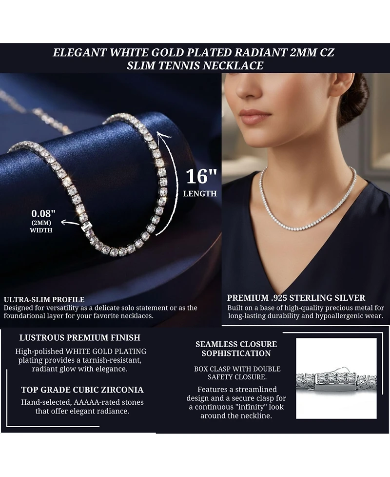 Sterling Silver White Gold Plated Cubic Zirconia 2MM Tennis Necklace