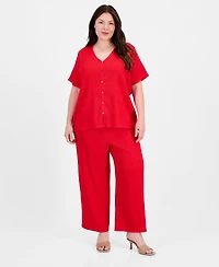 Anne Klein Plus V-Neck Button-Front Short-Sleeve Top