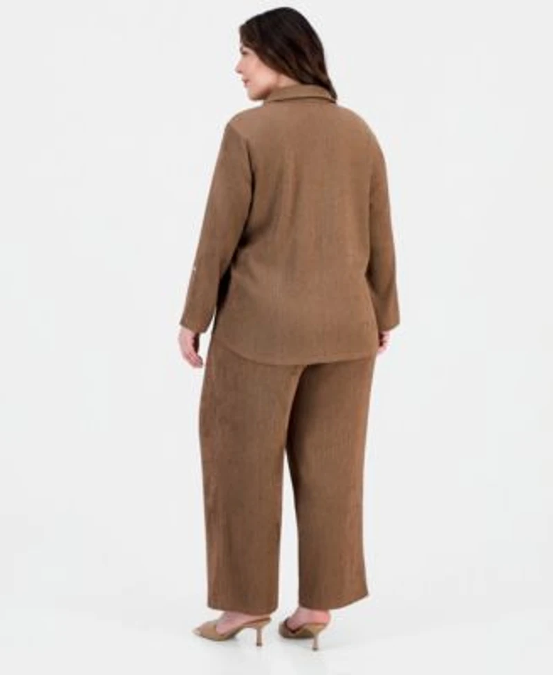 Anne Klein Plus Size Button Front Roll Tab Sleeve Shirt Pull On Wide Leg Pants