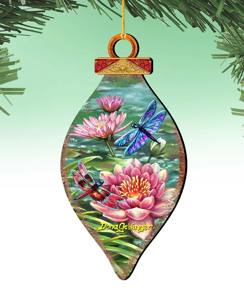 Designocracy Dragonflies and Water Lilies Holiday Ornaments, Set of 2