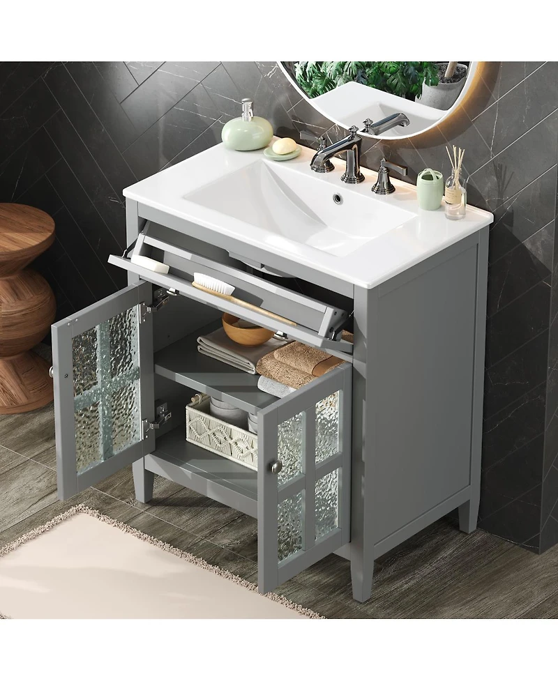 Sillysis 30" Bathroom Vanity with Sink, Modern Solid Wood Cabinet Textured Glass Doors, Flip-Out Tray & Adjustable Shelf