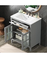 Sillysis 30" Bathroom Vanity with Sink, Modern Solid Wood Cabinet Textured Glass Doors, Flip-Out Tray & Adjustable Shelf