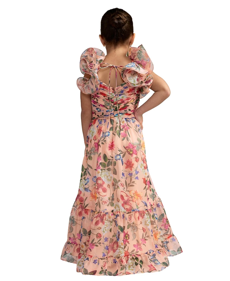 Mac Duggal Little Girls Chiffon Ruffle Shoulder Dress