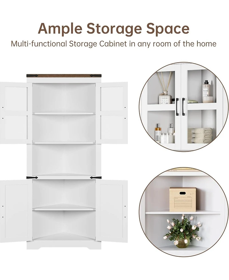 gaomon Rustic Farmhouse Tall Corner Storage Cabinet with Glass Doors & Adjustable Shelves, Corner Display Cabinet for Kitchen