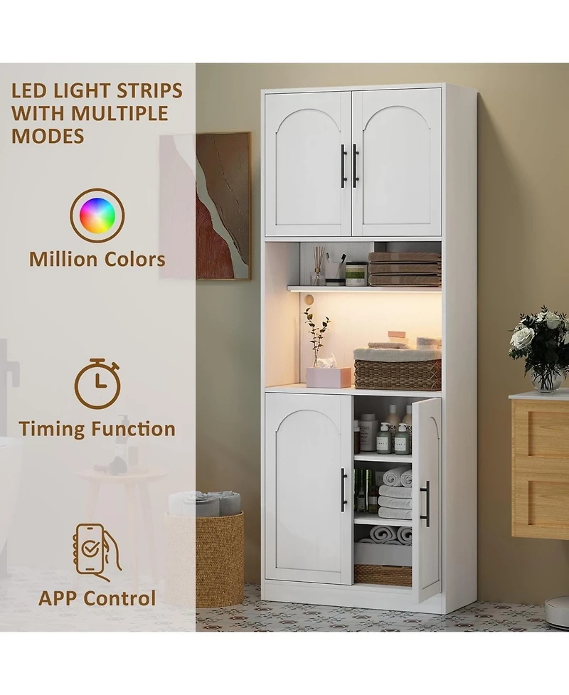 gaomon Tall Pantry Cabinet with Countertop, Kitchen Cabinets with Led Light Strip & Microwave Shelf