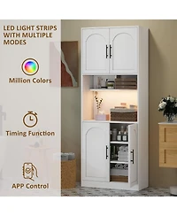 gaomon Tall Pantry Cabinet with Countertop, Kitchen Cabinets with Led Light Strip & Microwave Shelf