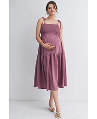 Hello Miz Maternity Smocked Square-Neck Midi Sundress with Tie Straps & Pockets