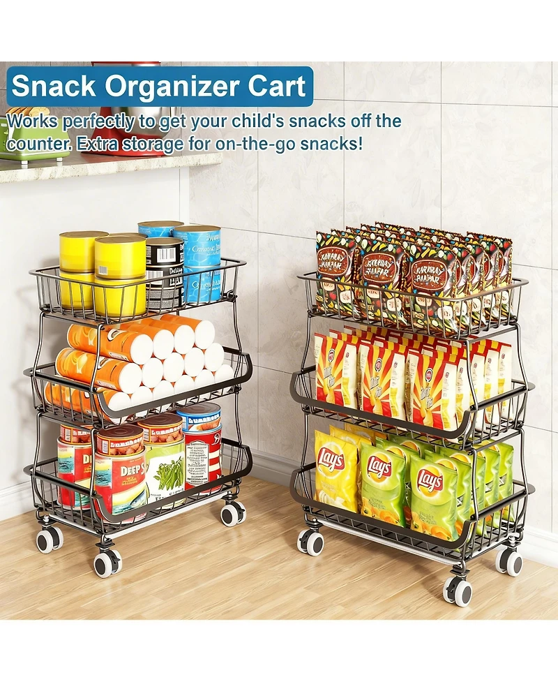 Yigii 3-Tier Rolling Pantry Cart with Lockable Wheels for Kitchen Storage