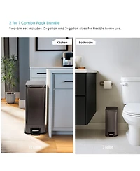 Home Zone Living 12 Gallon and 3 Gallon Slim Stainless Steel Trash Can Combo Set with Step Pedals and Soft Close Lids