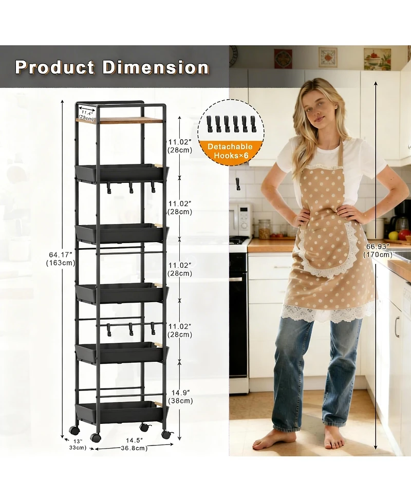 Yigii 6 Tier Storage Cart with Pull-out Drawers and Hooks for Kitchen, Bathroom, Laundry