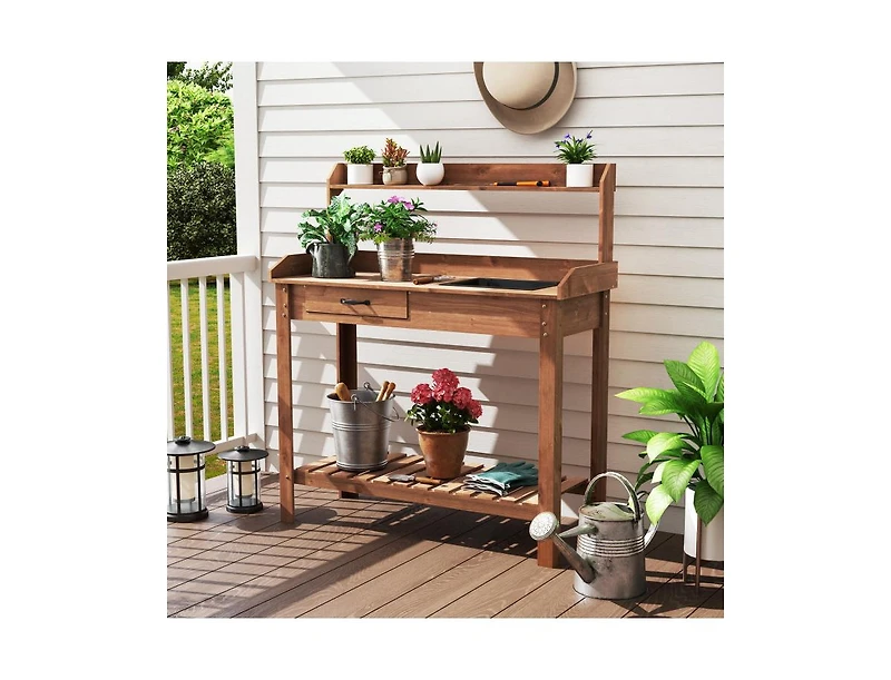 Slickblue Garden Workstation Table with Drawer and Storage Shelves