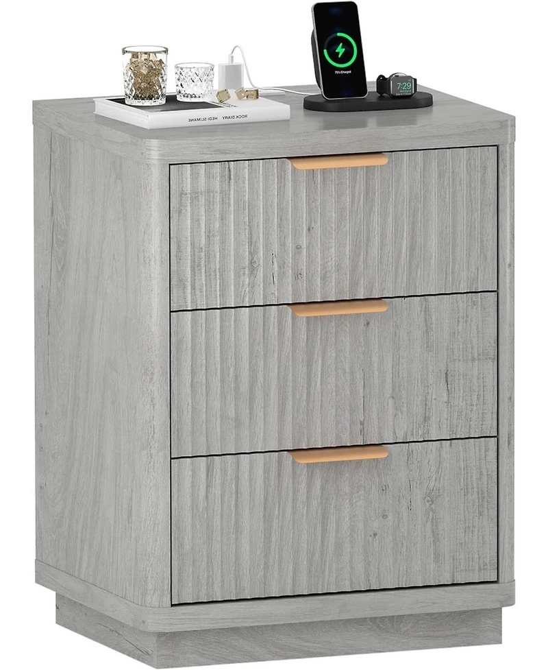 gaomon Fluted Farmhouse Night Stand, Fluted Nightstand with Charging Station, FlutedNightstand Bedroom with 3 Drawers