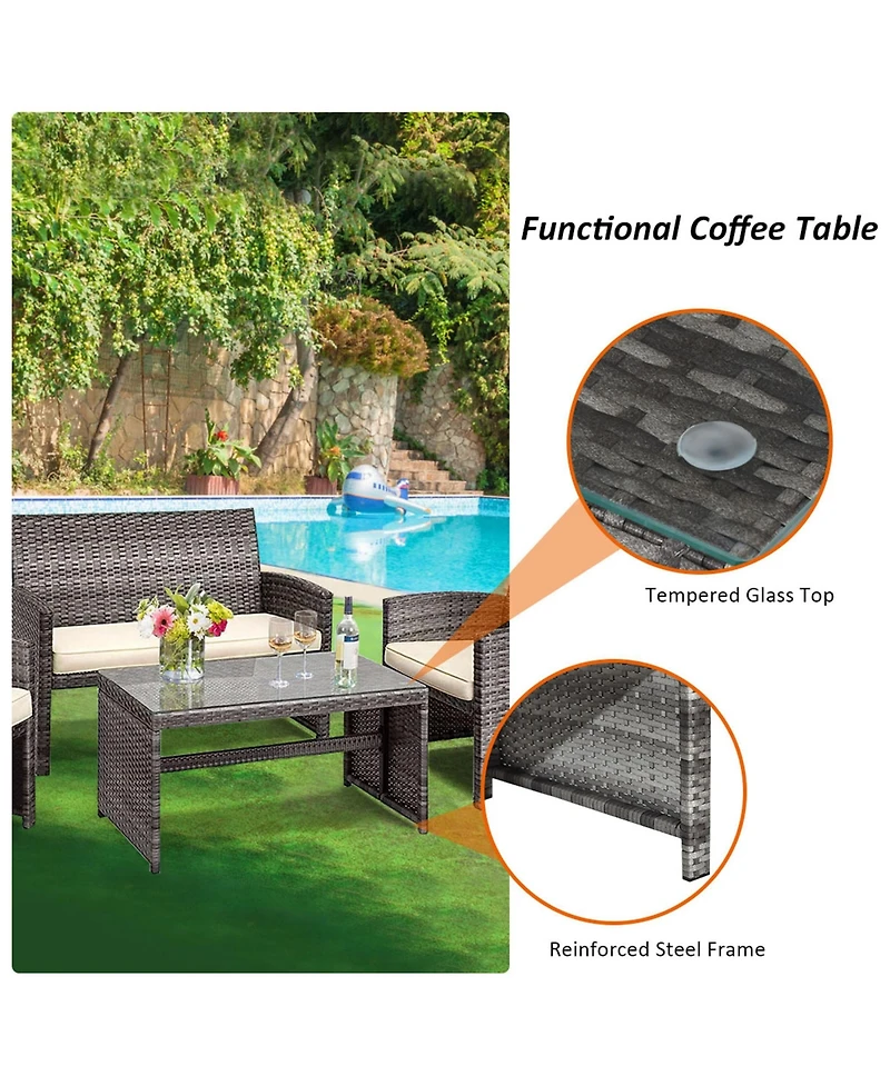 Gymax 4PCS Patio Outdoor Rattan Furniture Set Chair Loveseat Table Cushioned